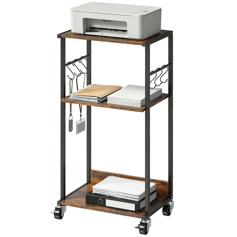 HOMCOM Industrieller 3-stufiger Druckerwagen, Rollen und Haken, Rustikales Braun.