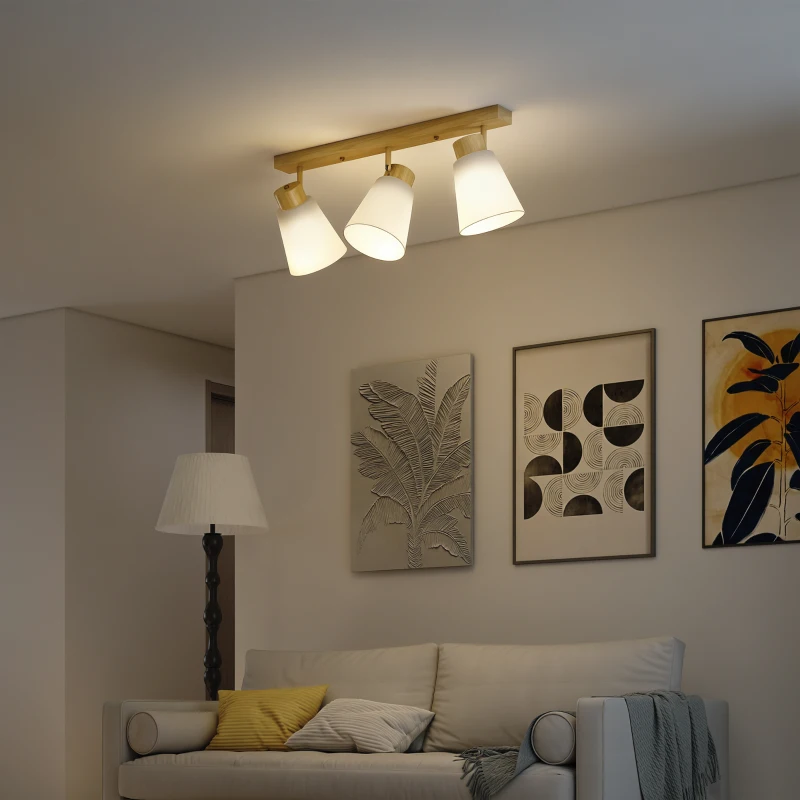 HOMCOM Lampadario da Soffitto con 3 Punti Luce Regolabili a 90° e Attacchi E27, Colore Legno