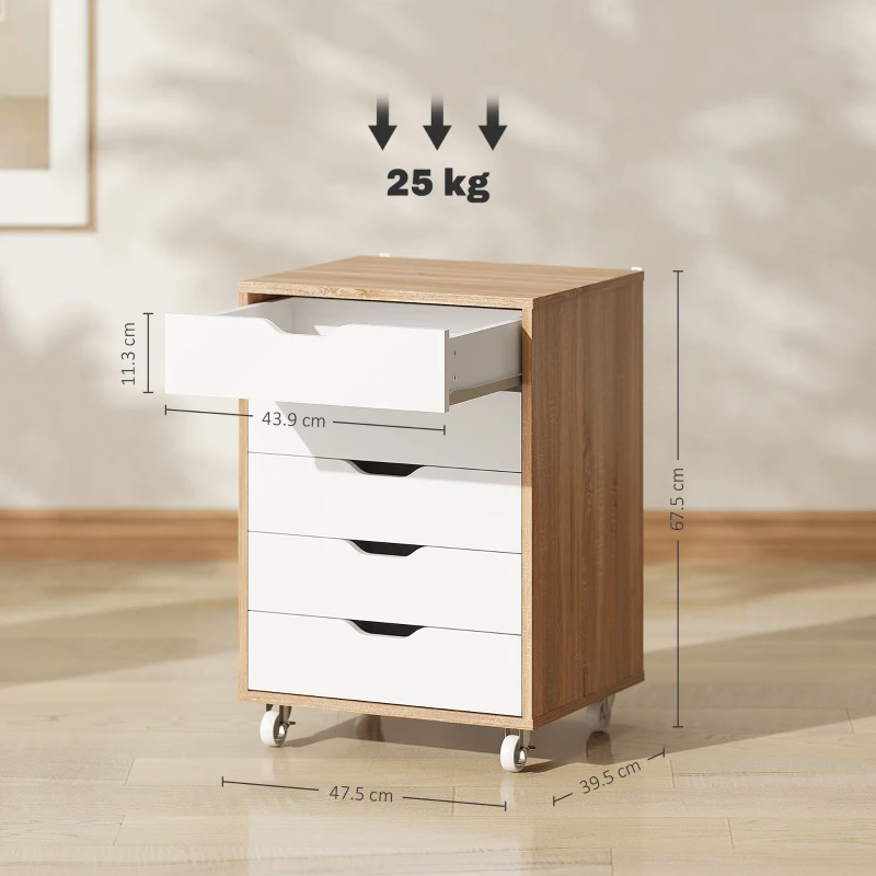 Vinsetto Cassettiera da ufficio con portaoggetti su ruote, Mobile con 5 cassetti, 47,5x39,5x67,5 cm, bianco e rovere
