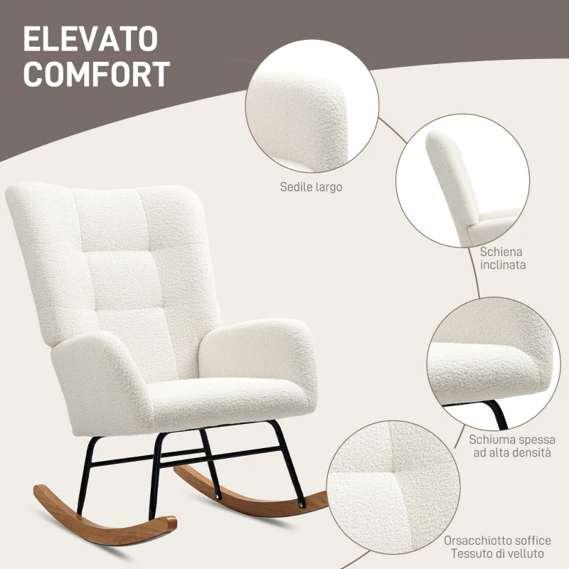 HOMCOM Sedia a Dondolo in Velluto Teddy, Metallo e Legno per Camera da Letto e Soggiorno, 70x94x100 cm, Bianco Crema