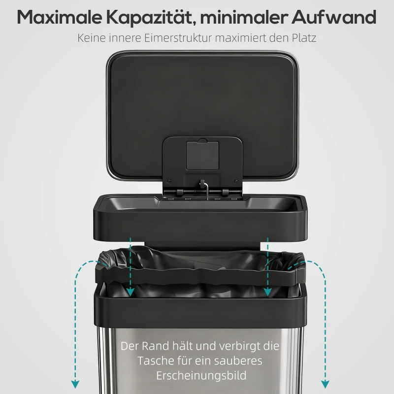 HOMCOM Poubelle 60 L à pédale, poubelle en acier inoxydable avec couvercle à fermeture douce, couleur argent