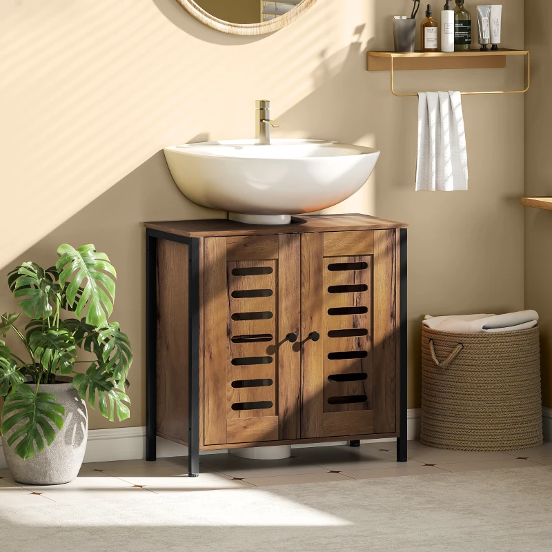 HOMCOM Meuble Sous Lavabo Industriel 2 Portes à Lames avec Fermeture Magnétique Étagère Réglable 60x30x60 cm Marron Rustique
