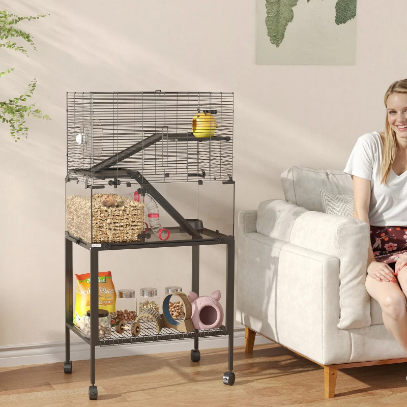 PawHut Cage pour hamster, enclos pour petits animaux à 3 niveaux, roue, hutte, plateformes, rampes, gamelle, bouteille d'eau, accessoires, acier, plastique, Noir