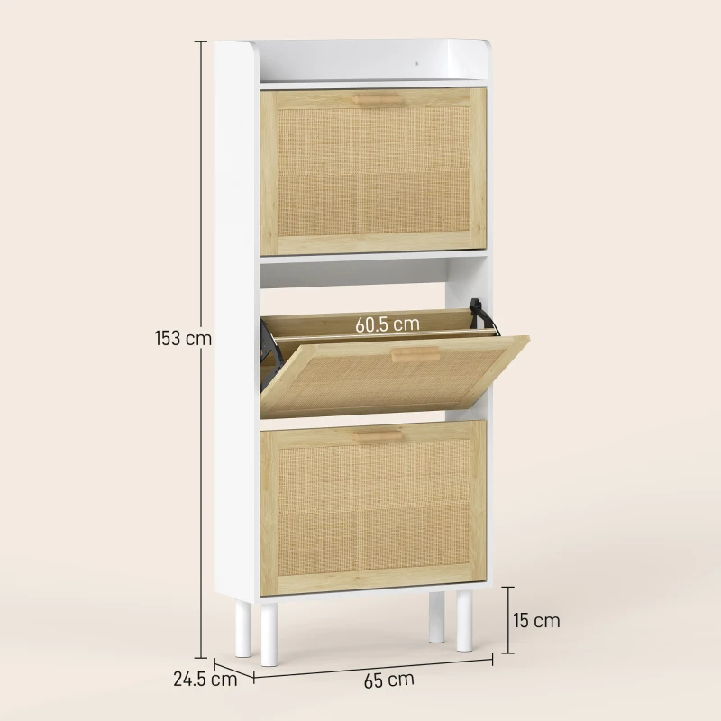 HOMCOM Scarpiera 3 ante a ribalta con design boho, 65x24,5x153 cm, Bianco