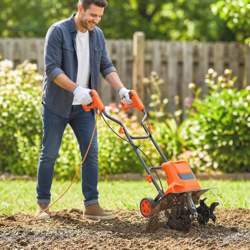 Outsunny Motobineuse électrique 1500W avec poignée pliable, largeur de travail 40 cm, profondeur de labour 9 cm, 6 lames, orange