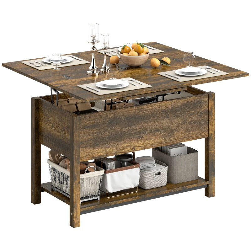 HOMCOM Tavolo da salotto sollevabile ed estensibile con scomparto nascosto e ripiano aperto, 100x45x50,5 cm, marrone rustico