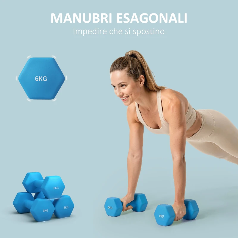 SPORTNOW Set 2 Manubri Esagonali da 2x6kg in Metallo e Plastica con Impugnatura Antiscivolo, 22x10x10 cm, Azzurro