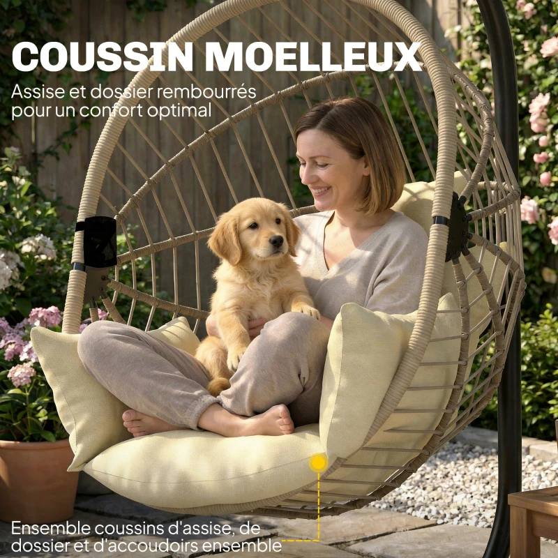 Outsunny Fauteuil Œuf Suspendu, Chaise Hamac Balançoire Intérieur et Extérieur, Panier Pliable, Coussin Rembourré, Kaki