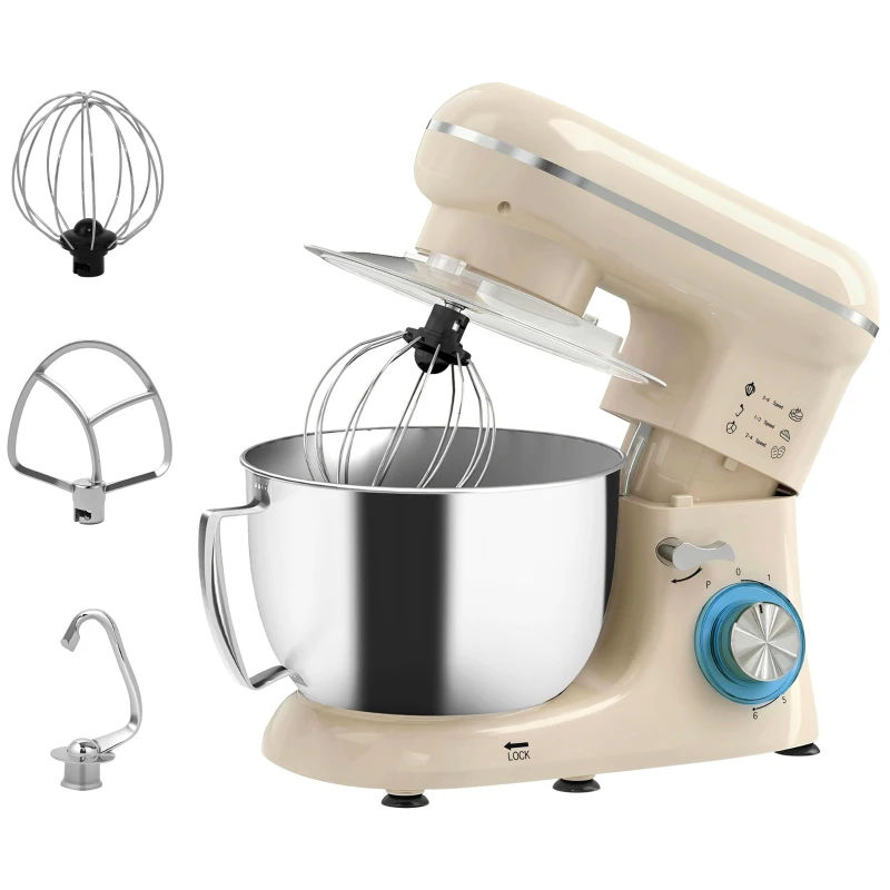 HOMCOM Robot pâtissier 4,5 L 1300 W 6 vitesses Bol en acier inoxydable Fouet Crochet Batteur Beige