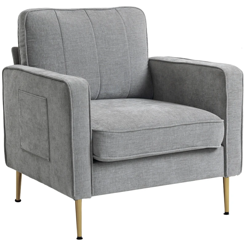 HOMCOM Poltrona in tessuto con piedi in acciaio dorato, Sedia con tasche laterali per salotto, ufficio e camera, 81x84x87 cm, grigio