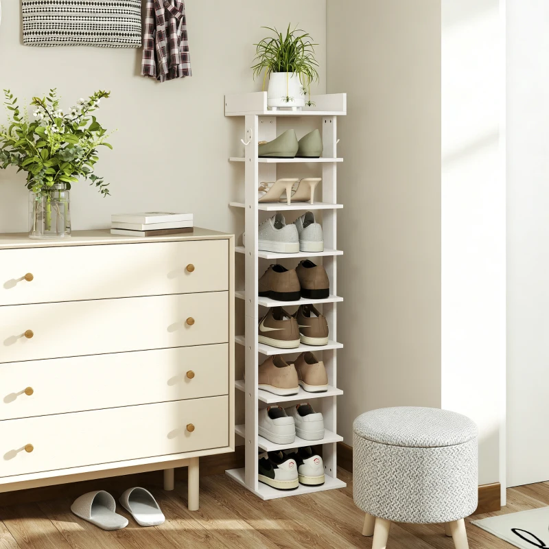 HOMCOM Estantería para zapatos 9 Ebenen organizador de zapatos de madera con balda superior y 2 ganchos, para entrada, Blanco