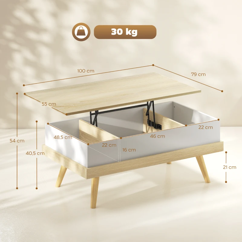 HOMCOM Table basse relevable avec 3 compartiments de rangement cachés et pieds en bois 100x79x54 cm naturel et blanc