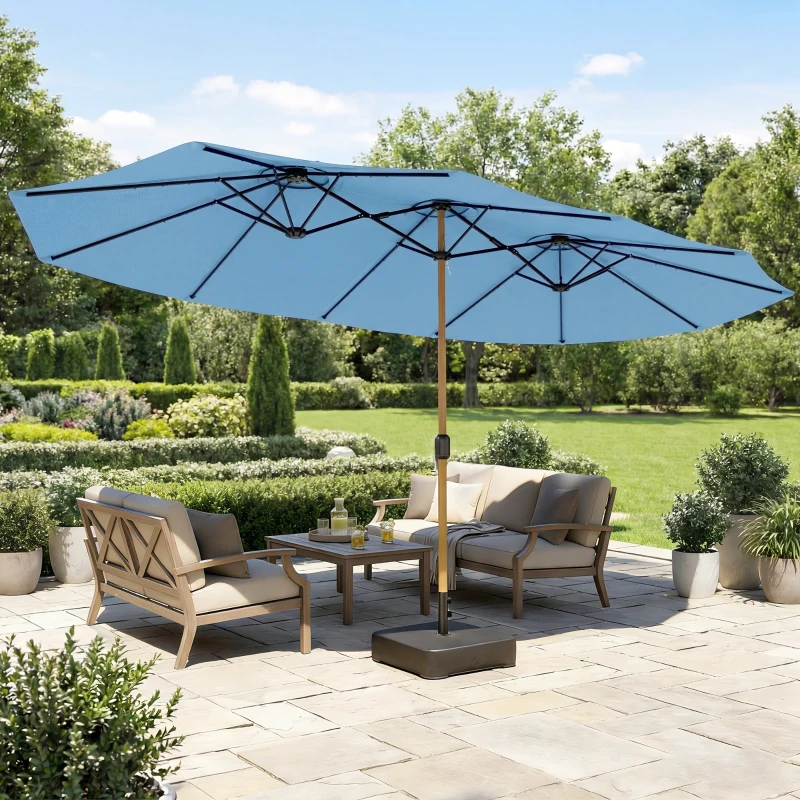 Outsunny Umbrelă de grădină dublă 5 x 3 m umbrelă de exterior cu bază inclusă, manivelă, protecție UV, albastru