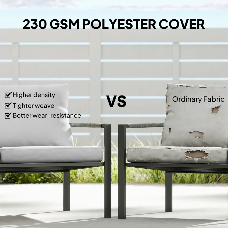 Outsunny Zestaw Mebli Ogrodowych dla 4 Osób, Balkonowy Zestaw Mebli z Dwuosobową Sofą, Fotelem, Poduszkami, Stolikami, Jasnoszary