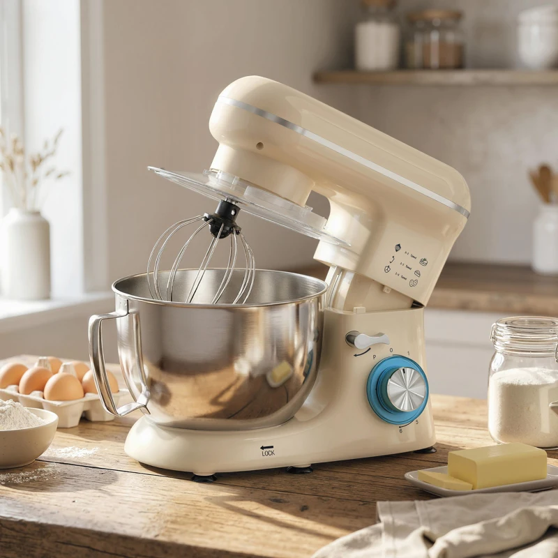 HOMCOM Robot pâtissier 4,5 L 1300 W 6 vitesses Bol en acier inoxydable Fouet Crochet Batteur Beige