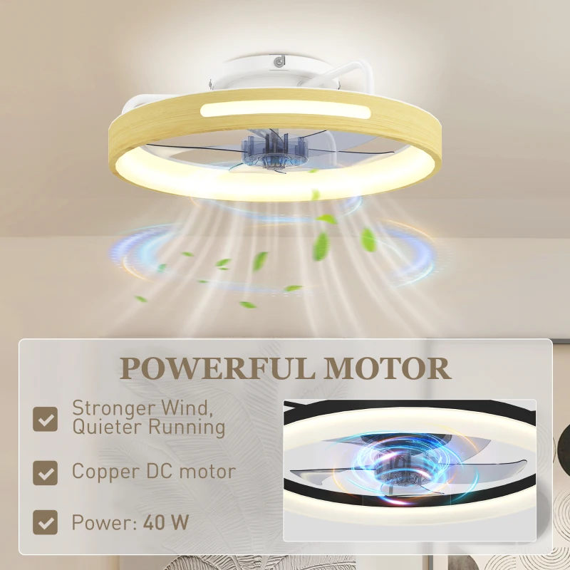 HOMCOM Deckenventilator mit Licht und Fernbedienung, 49 cm LED-Deckenventilator mit 3 Farbtemperaturen, natürliches Holzfinish