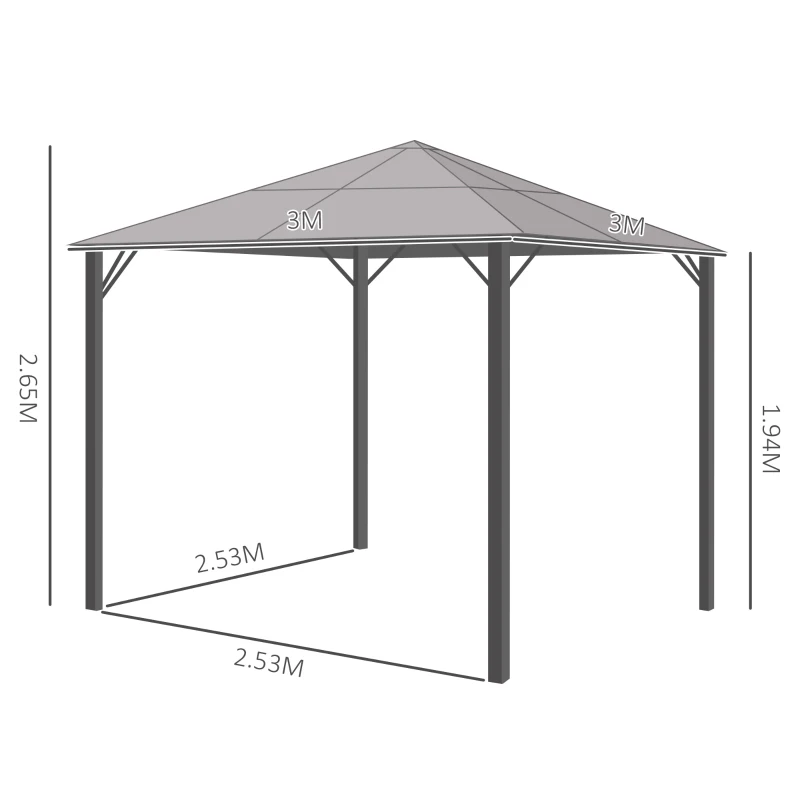 Outsunny Gazebo con tetto in policarbonato e zanzariere, 3x3 m, Grigio scuro