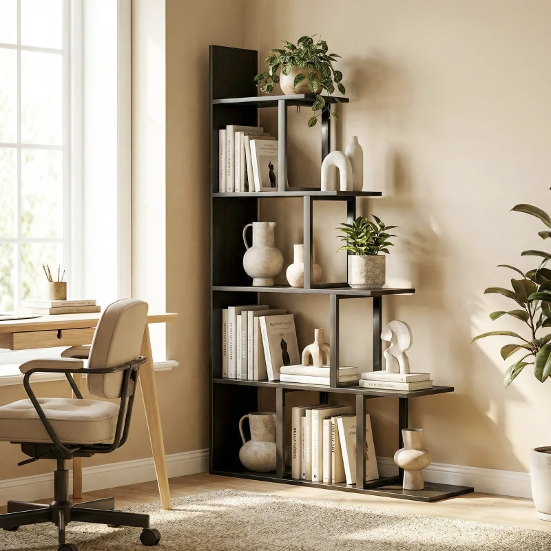 HOMCOM Bücherregal Raumteiler Industrie-Stil Treppenform 5 Ablagen 102 x 30 x 160 cm Farbe schwarz