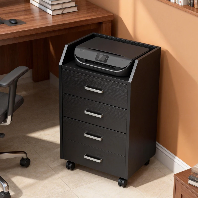 Vinsetto Rollcontainer Büro auf Rollen 4 leichtgängige Schubladen aus Holz 40 x 36 x 65 cm schwarz