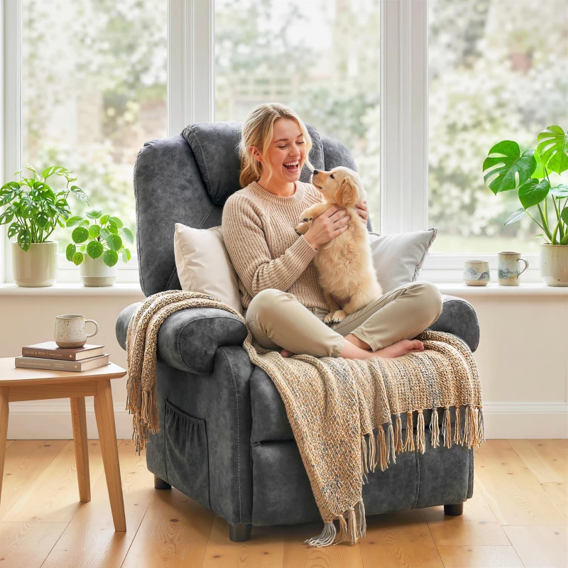 HOMCOM Sillón Relax Reclinable Manual Sillón Relax de Terciopelo con Reposabrazos Reposapiés Acolchado Grueso Negro