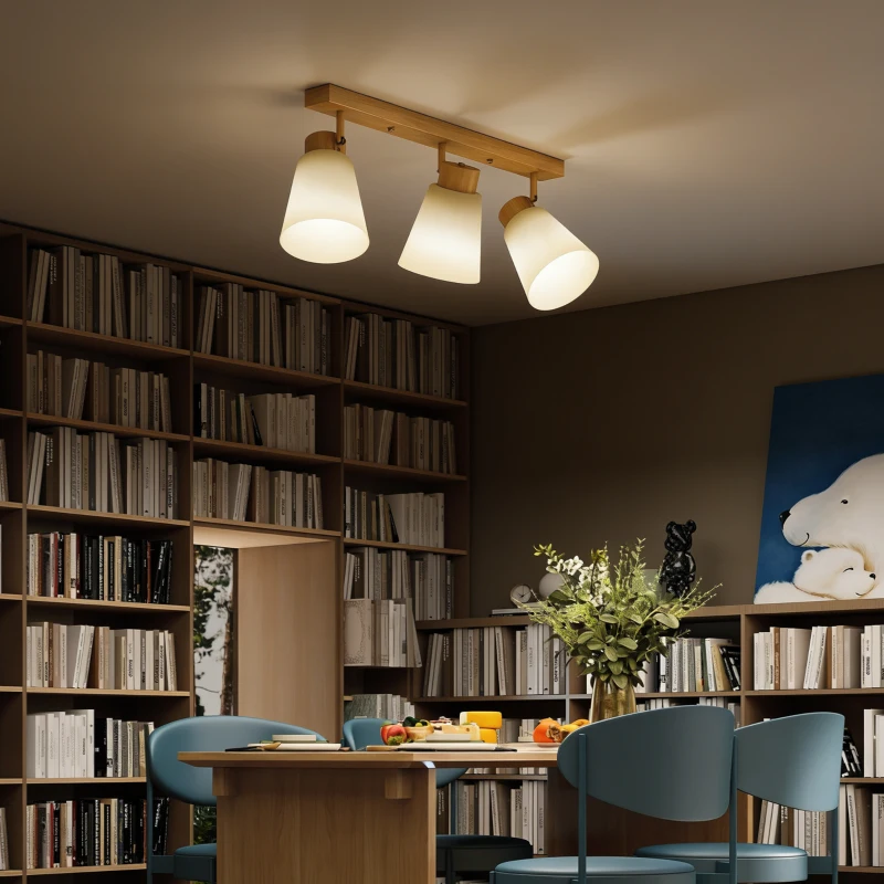HOMCOM Lampadario da Soffitto con 3 Punti Luce Regolabili a 90° e Attacchi E27, Colore Legno