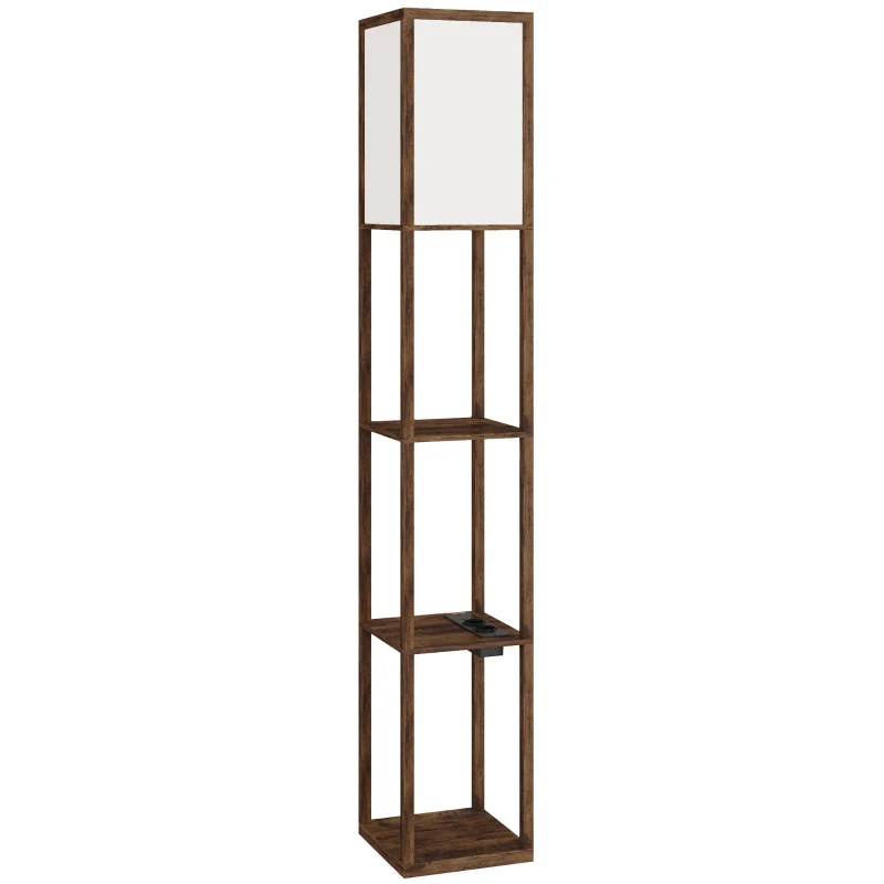 HOMCOM Lampadaire sur pied avec étagères, lumière réglable, interrupteur-pédale et ports USB, marron