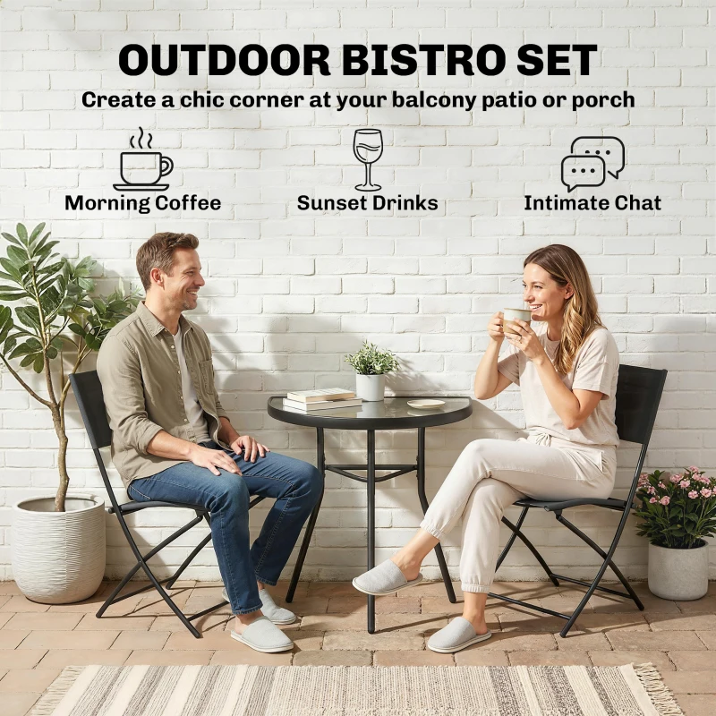 Outsunny Ensemble Bistro d'Extérieur, Mobilier de Patio 3 Pièces avec Chaises Pliantes, Table en Verre Semi-Circulaire, Noir