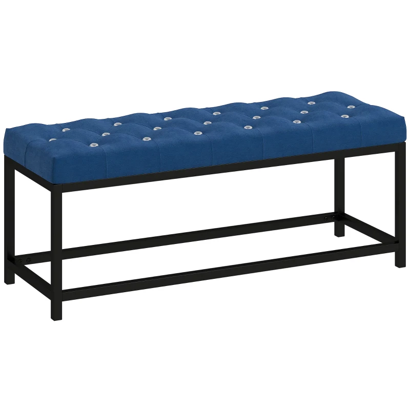 HOMCOM Banc Pied de Lit Rembourré en Velours Design Capitonné Base Métallique pour Chambre Entrée Salon Bleu Foncé