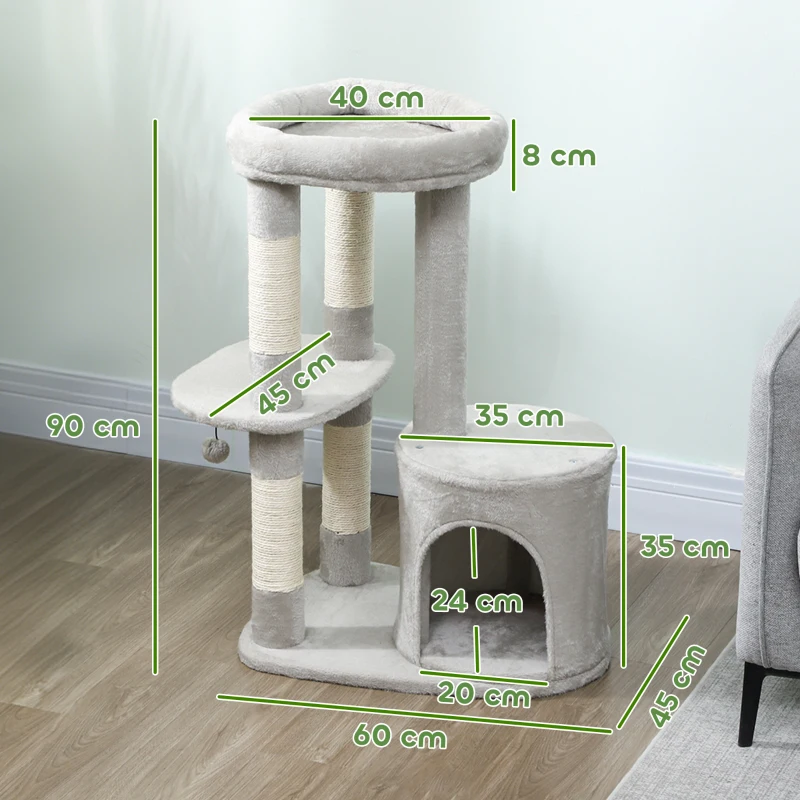 PawHut Tiragraffi torre per gatti con cuccia, piattaforme e pallina, 60x45x90 cm, Grigio chiaro