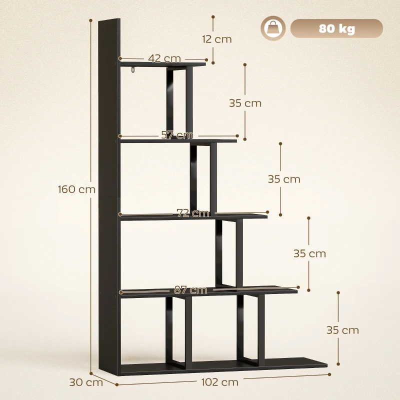 HOMCOM Bücherregal Raumteiler Industrie-Stil Treppenform 5 Ablagen 102 x 30 x 160 cm Farbe schwarz