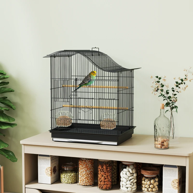 PawHut Cage pour oiseaux à 4 portes avec 2 gamelles, 2 perchoirs et bac, en métal et plastique, 47.5x36x54.5 cm, Noir