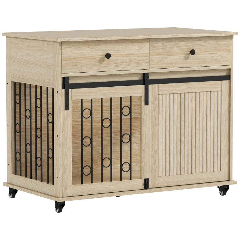 PawHut Gabbia per cani su ruote con 2 porte e 2 cassetti, in legno e acciaio, 100x56x81 cm, Rovere