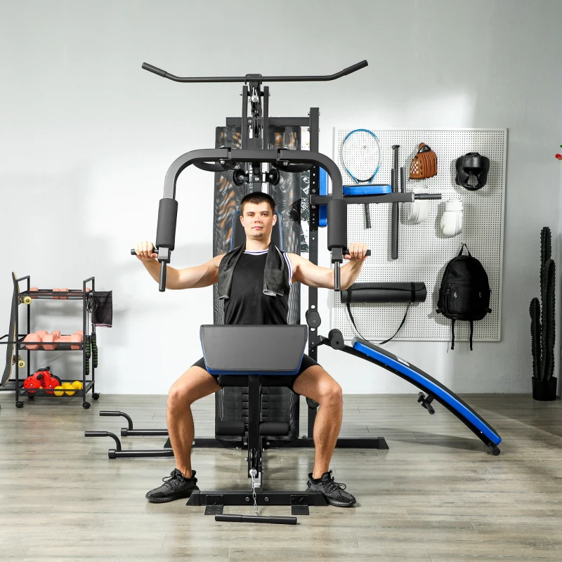 SPORTNOW Kraftstation mit 65-kg-Gewichtsstapel, Heim-Fitnessgerät mit Bauchbank, Noir et Bleu
