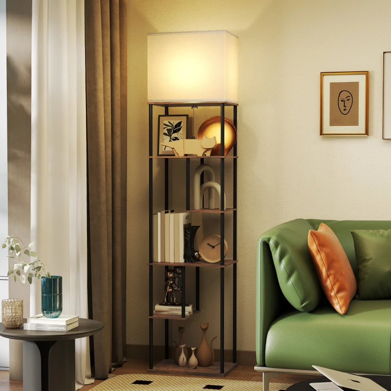 HOMCOM Lampada da Terra con Ripiani Dimmerabile con Telecomando per Soggiorno Dimmerabile, 40x29x171 cm, Marrone Rustico