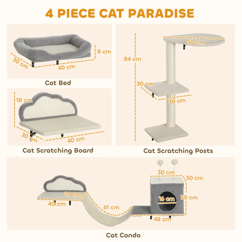PawHut Set tiragraffi da parete 4 pezzi con superfici in sisal per gatti, Beige