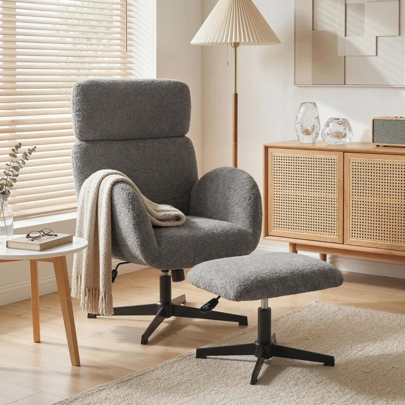 HOMCOM Draaibare Fauteuil met Voetenbank, Hoogte Verstelbare Accentstoel met Verstelbare Hoofdsteun, Schommelfunctie, Grijs