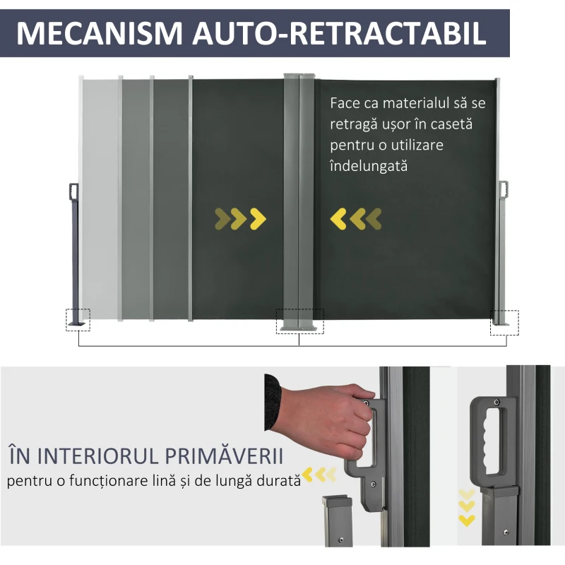 Outsunny Prelată Laterală Retractabilă cu Mâner, Separator Grădină din Metal și Poliester 180 g/m², Anti UV, pentru Intimitate în Exterior, pentru Balcon sau Grădină, 600x180 cm, Gri