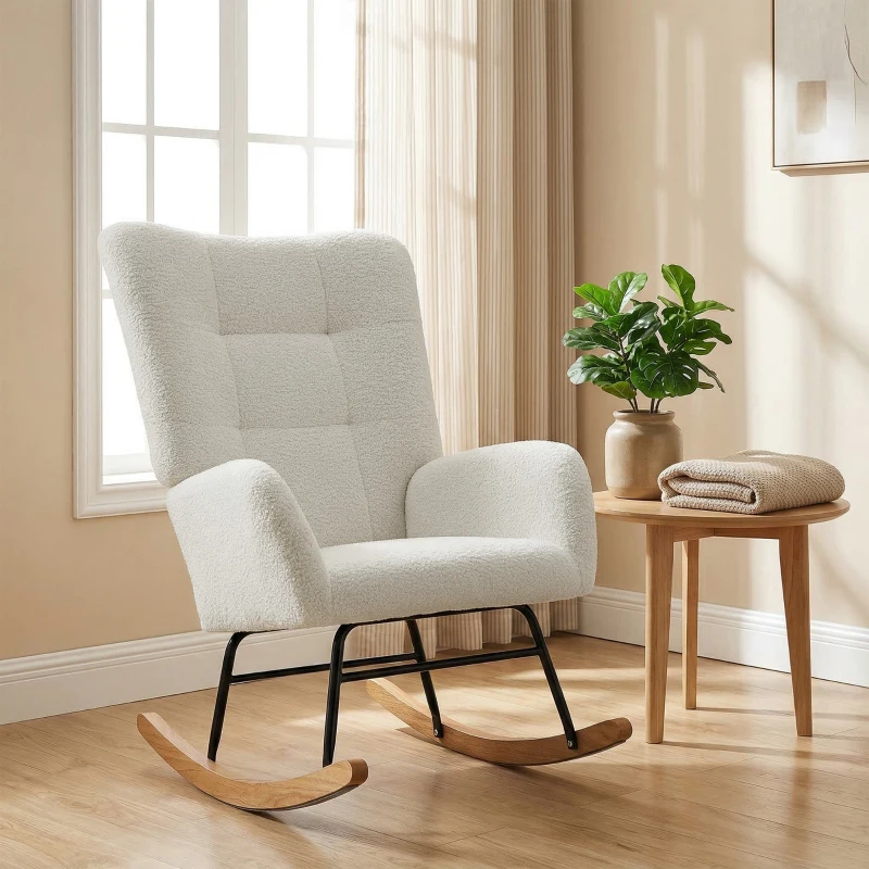 Fotel bujany z podłokietnikami, kremowy, pluszowy materiał