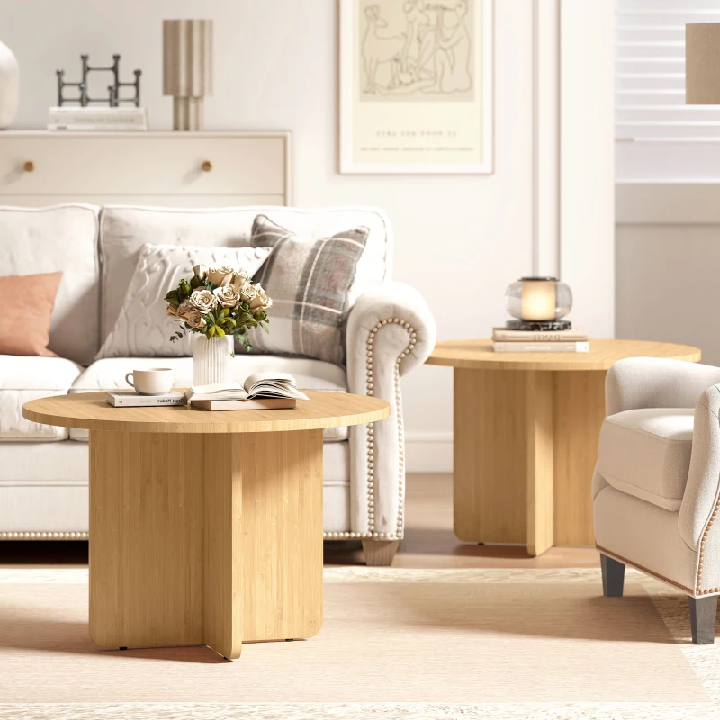 HOMCOM Table basse ronde, table de salon en bambou avec pied en croix, nature