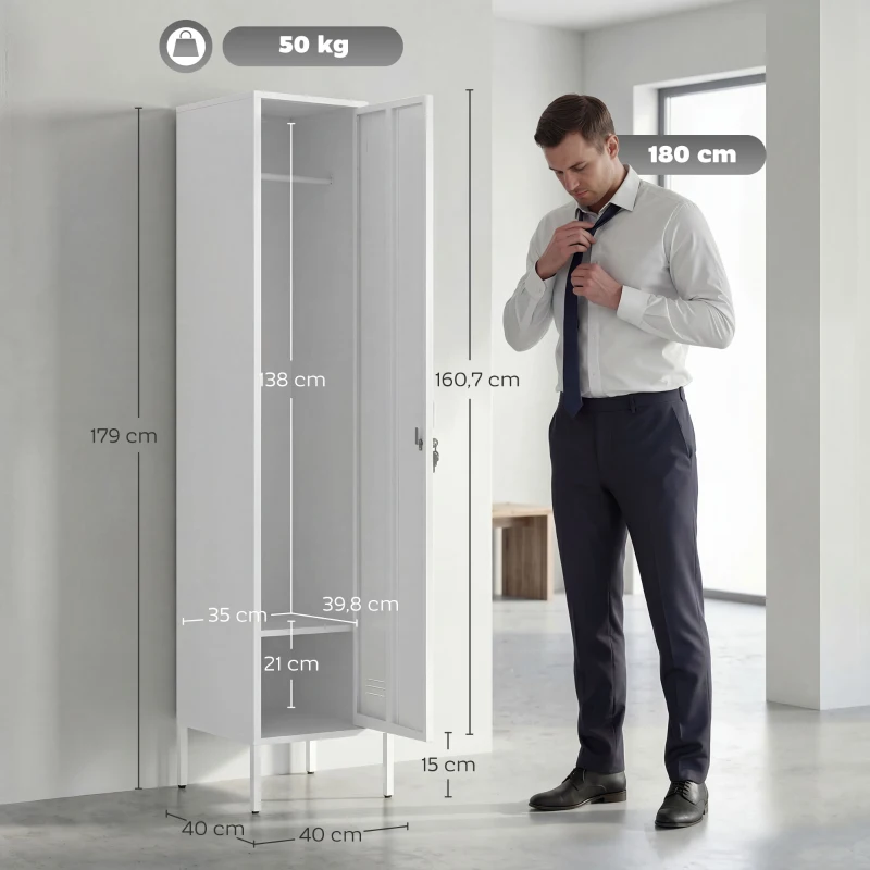 HOMCOM Armoire Métallique avec Porte Verrouillable, Porte-étiquette et Barre Porte-manteaux, 40x40x179 cm, Blanc
