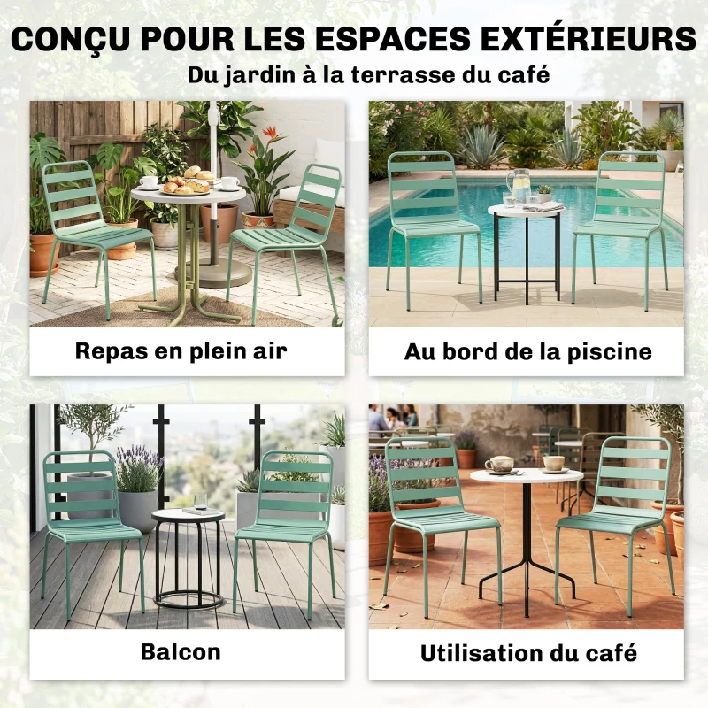 Outsunny Conjunto de 2 Cadeiras de Jardim Empilháveis em Metal para Terraço Varanda Jardim Verde