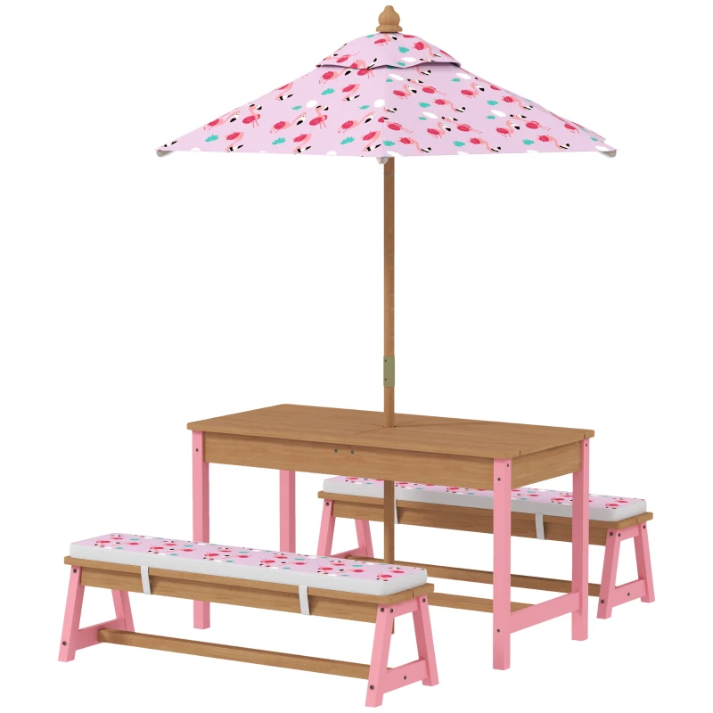 AIYAPLAY Picknicktisch für Kinder mit Bänken, Kissen, faltbarem Sonnenschirm, abnehmbaren Aufbewahrungsboxen, Flamingo-Motiv, rosa