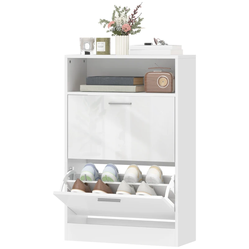 HOMCOM Schuhschrank 8 Paar, Schuhschrank, 2 Klapptüren, verstellbare Ablagen und Fach, weiß