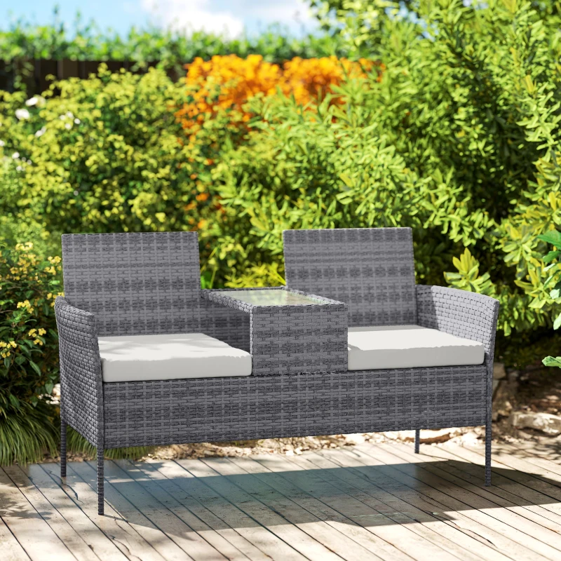 Outsunny Gartenbank aus geflochtenem Resin 2 Plätze mit Tisch und Kissen - 135 x 64 x 81 cm - für Balkon und Terrasse schwarz