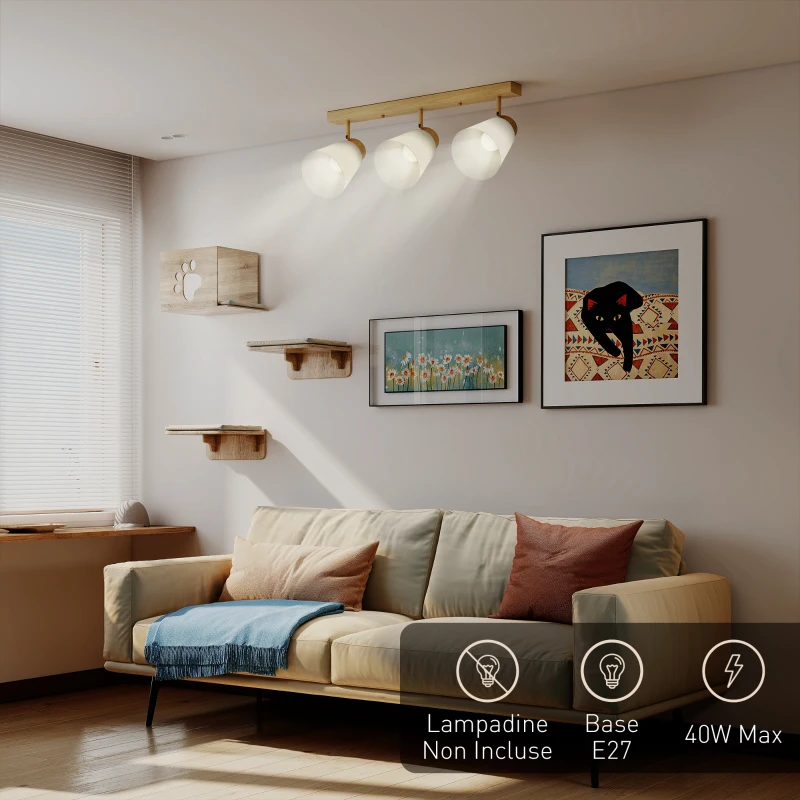 HOMCOM Lampadario da Soffitto con 3 Punti Luce Regolabili a 90° e Attacchi E27, Colore Legno