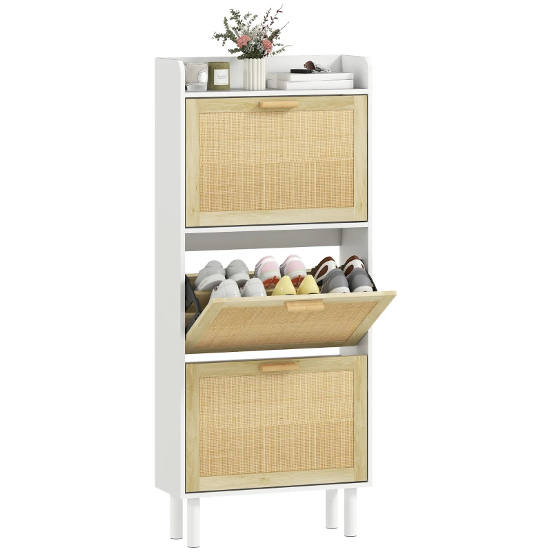 HOMCOM Scarpiera 3 ante a ribalta con design boho, 65x24,5x153 cm, Bianco