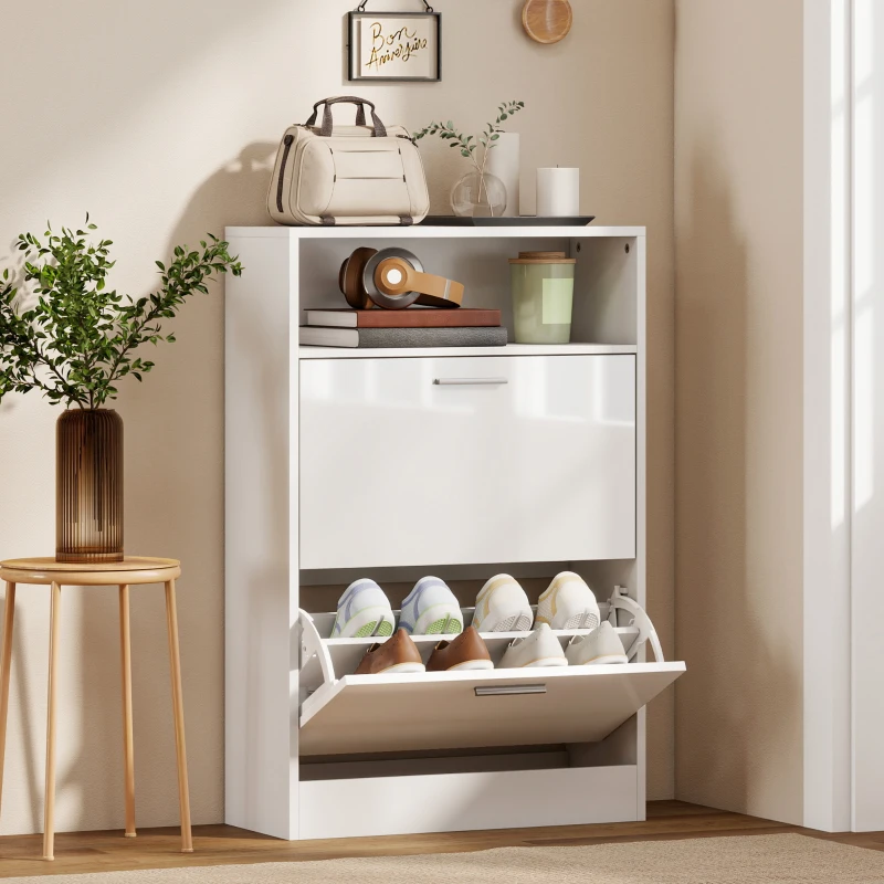 HOMCOM Schuhschrank 8 Paar, Schuhschrank, 2 Klapptüren, verstellbare Ablagen und Fach, weiß