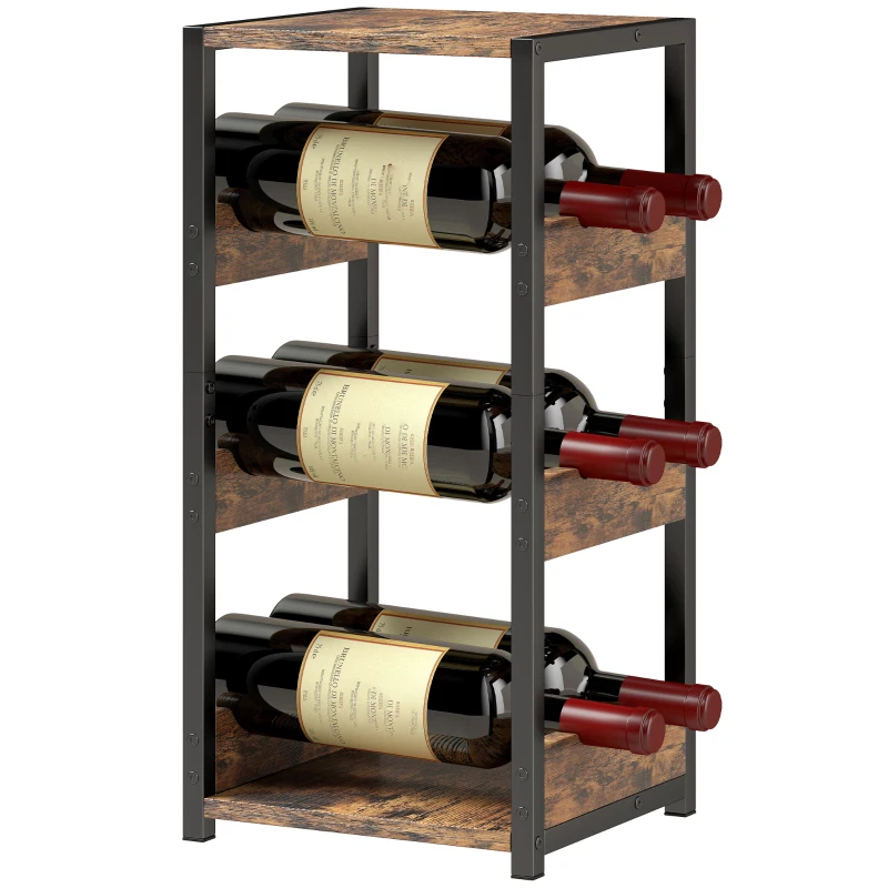 HOMCOM Wine Rack, wavy shelves, adjustable feet, rustic brown, black.