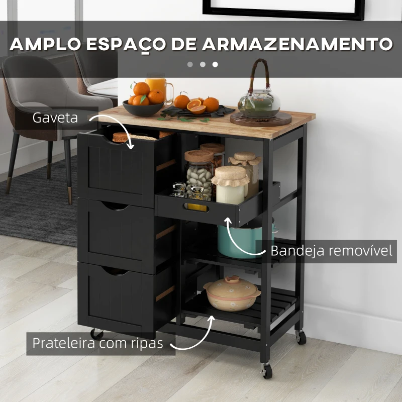 HOMCOM Carrinho de Cozinha com Rodas com 3 Gavetas 2 Prateleiras Abertas e Bandeja 67x37x85,5 cm Preto