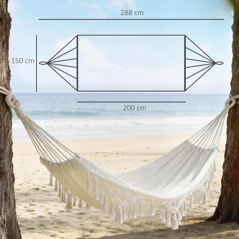 Outsunny Boho-Außenhängematte, Hängematte für den Garten zum Aufhängen mit Fransen und Tragetasche extra groß 288 x 150 cm, Beige